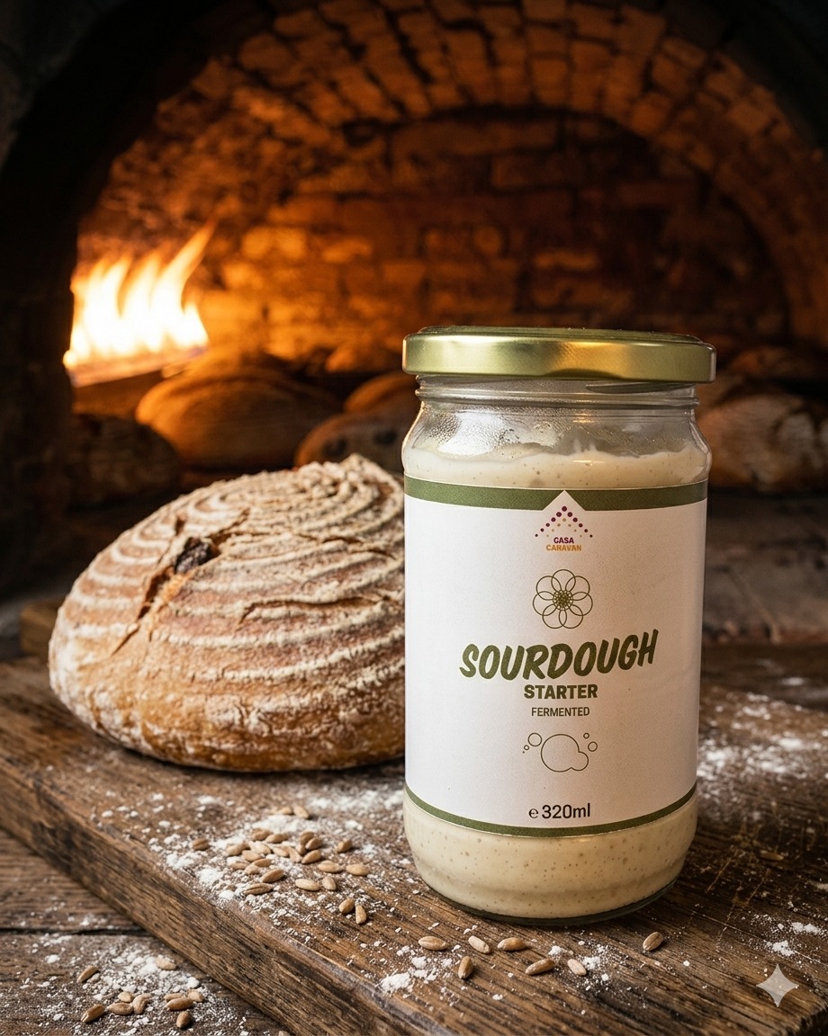 Casa Caravan Sourdough Starter jar beside a loaf and a wood-fired oven